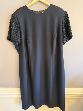 R&M Richards Black Sheath Dress with Beaded Short Sleeves
